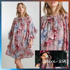 NWT Umgee Chiffon Overlay Floral Print Oversized Babydoll Dress Size Med…